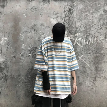 

2019 Summer Men's Stripe Printing Cotton Clothes T Shirt Round Neck Pullover High-quality Tshirt Oversizesd T-shirt Size M-XL