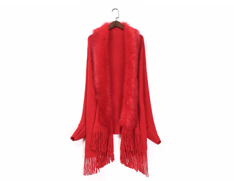 autumn winter fake fox fur tassel knitting cardigan female shrug cloak long sweater women