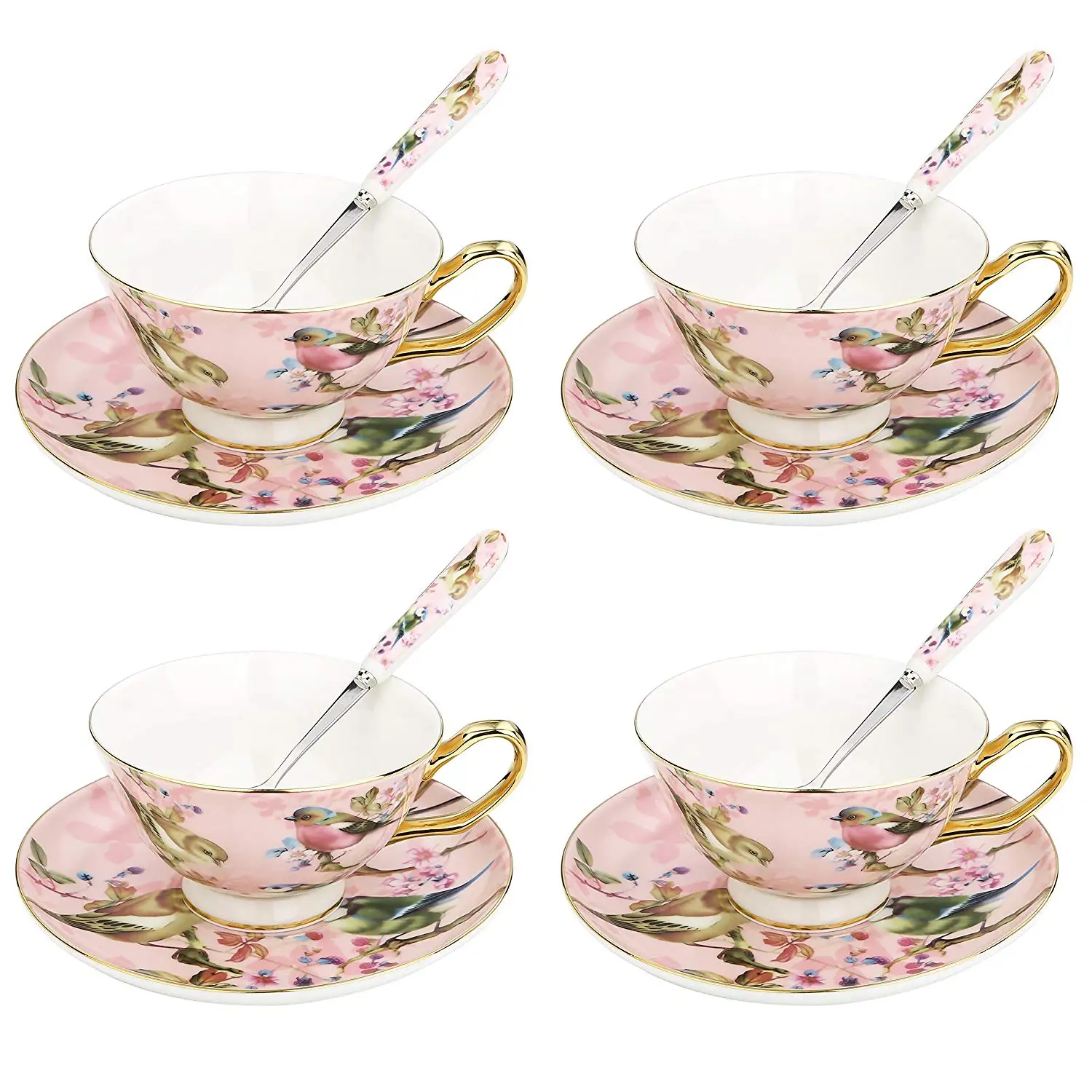 

ARTVIGOR Coffee Cup Serving Set New Bone China Gold Rimmed 6.8oz / 200ml Coffee Cup&Saucer Gift Sets with Spoon for 4person