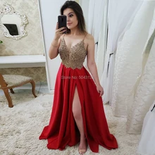 А-линия золотые Выпускные платья с аппликацией V шеи двойные ремни с высоким разрезом Вечерние Выпускные платья с открытыми плечами вечернее платье без рукавов