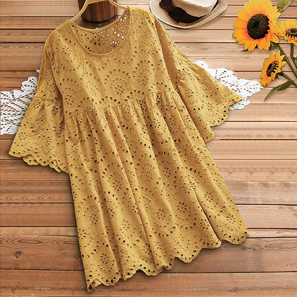 OEAK женские кружевные открытые блузки с рукавом в виде листьев лотоса женская рубашка с расклешенными рукавами-бабочками Blusas летняя уличная одежда
