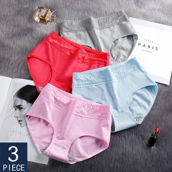 

3 Pcs Cotton Panty For Women Panties Comfort Underwear Skin-Friendly Briefs Solid Female Sexy Mid-Rise Lace Underpant Intimate