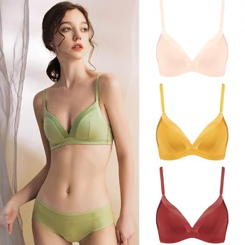 

New Arrival Women Japanese Style Small Fresh Simple Candy-colored Fashion Glossy Gathering Thin Pure Seamless Bras Underwear