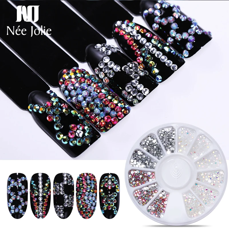 

12 Grids/Box Nail Rhinestone Multi-size Metal Resin Back AB Color Flat Bottom 3D Nail Art DIY Decoration in Wheel Accessory
