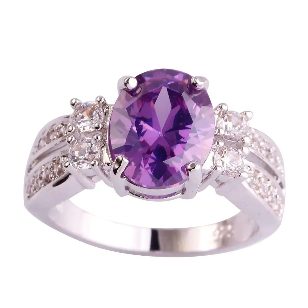 Lingmei хорошее модное ювелирное розовое и белое серебряное кольцо с кубическим цирконием сладкое Женское Обручальное кольцо Размер 6 7 8 9 10 11 - Цвет основного камня: Фиолетовый