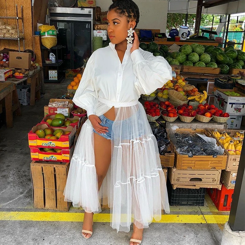 Plus Size White Long Shirt Dress Women Clothing Korean Streetwear Puff Sleeve Patchwork Mesh Autumn Casual Party | Женская одежда