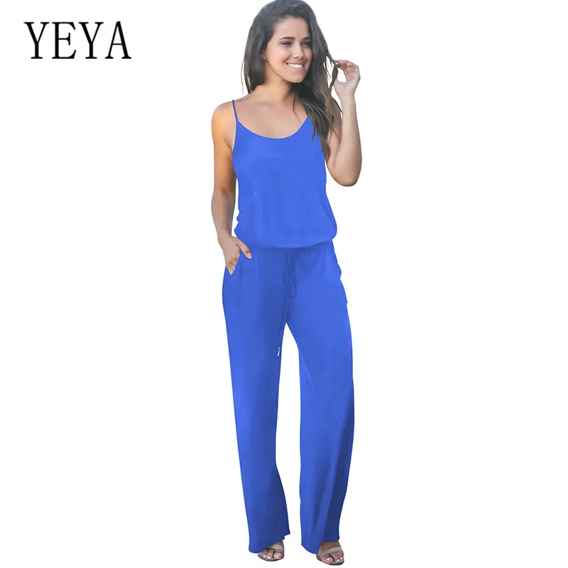 

YEYA Spaghetti Strap Sexy Women Casual Romper Trouser Elegant Sleeveless Hollow Out Pockets Summer Long Pants Mono Mujer Verano