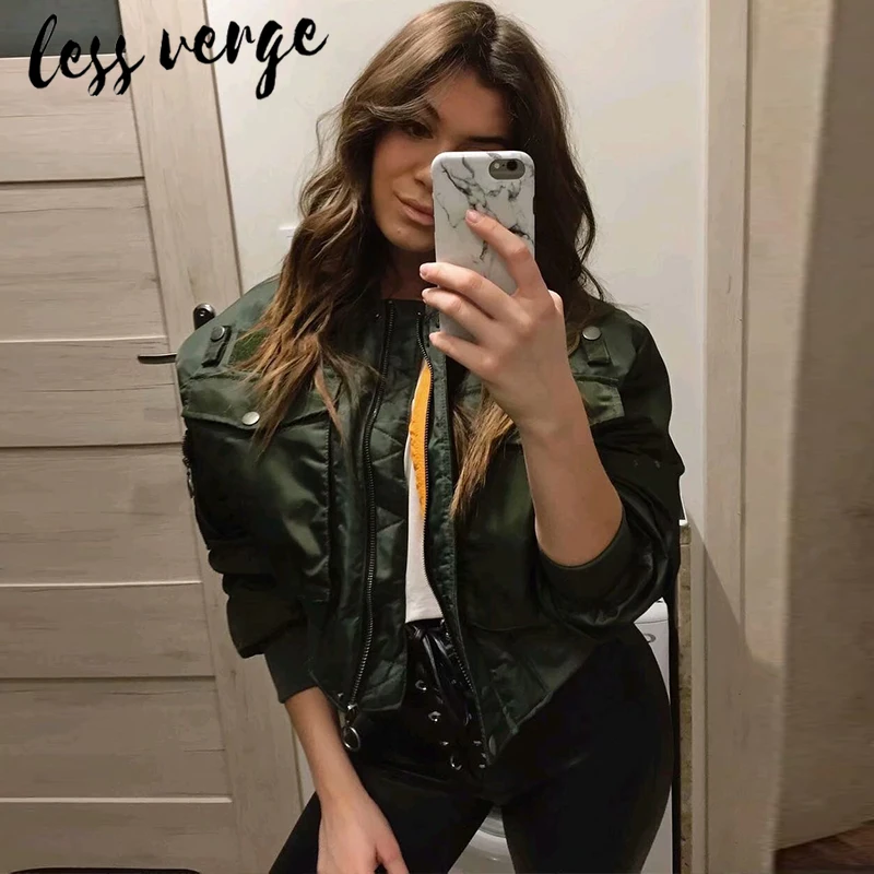 Lessverge армейская зеленая Осенняя зимняя повседневная куртка-бомбер, Женское пальто с коротким карманом, Байкерская Базовая куртка, Женская куртка без воротника