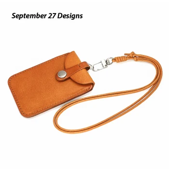 

Handmade Vegetable Tanning Leather Card Sleeve Retro Genuine Leather Halter Lanyard Bus Wallet Mini Badge Portable Purse Fashion