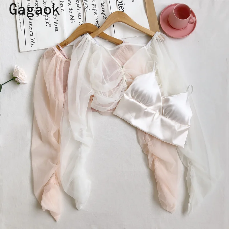 Комплект женский из двух предметов Gagaok Тонкая блузка и кофта в сетку весна-осень