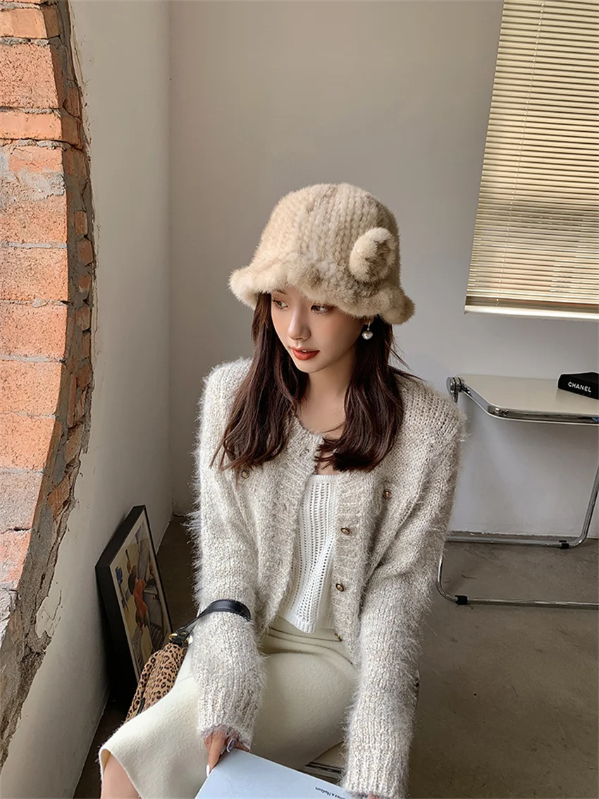 2021 New Fashion Winter Women's Mink Fur Bucket Hat Woven Mink Soft Warm Fishing Hat Outdoor Vacation Girl Hat best bucket hats