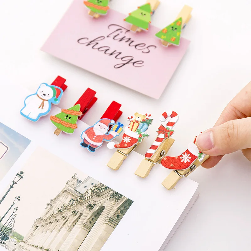 

10 Pcs/set Creative Christmas Notes Clip Santa Claus Christmas Tree Mini Wooden Clips for Photo Clips Clothespin Decoration