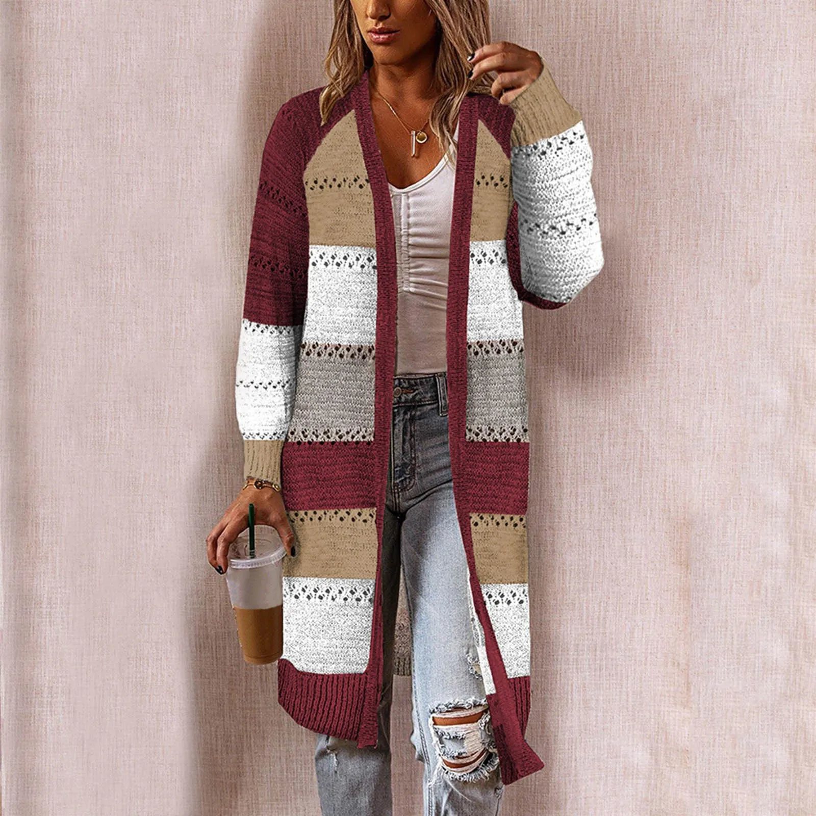 2021 Autumn Women Cardigan Comfy Stylish Stitching Long Sleeve Colors splicing Sweater Casual Long Cardigan slim Clothing femme 2