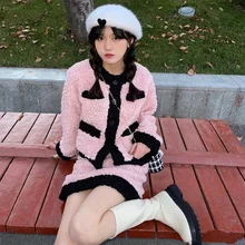 

Korean Office Lady Vintage Elegant Color Contrast Suit Sweety Lambswool Full Sleeve Coat Sweet Mini Skirt Pink Two-piece Suit