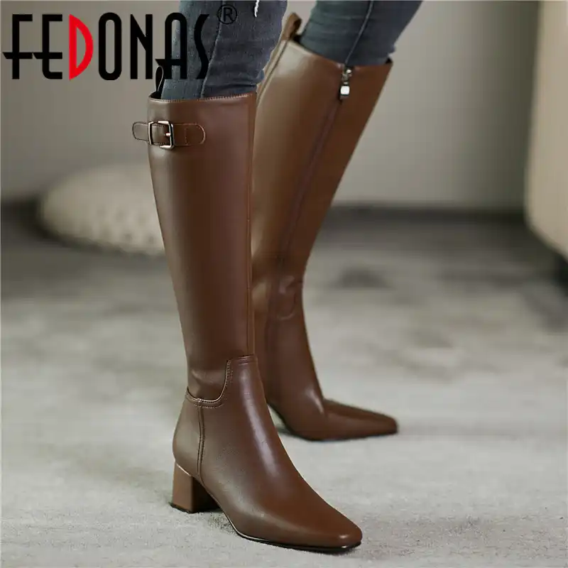 Fedonas冬の靴女性サイドジッパーバックルストラップハイヒールのブーツ本革の結婚式のニーハイブーツ ニーハイブーツ Aliexpress