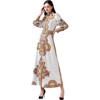 

High Quanlity Women's Autumn Long Dress Floral Print Luxury Long Sleeve Shirt Female A-line Dress Turn-down Collar