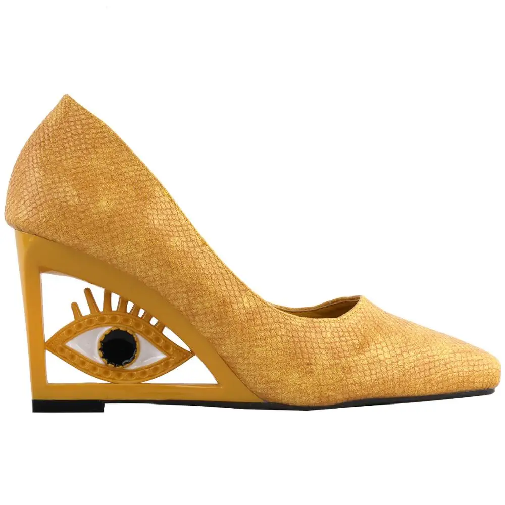 LF10806 SHOW STORY Vintage Yellow Square-Toe Wedge Eye Shape High Heels Pumps | Обувь