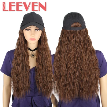 

Leeven 22Inch Water Wave Wig Cap With Baseball Hat Long Synthetic Wigs For Woman Hair Extension Hairpiece Black Hat Attached