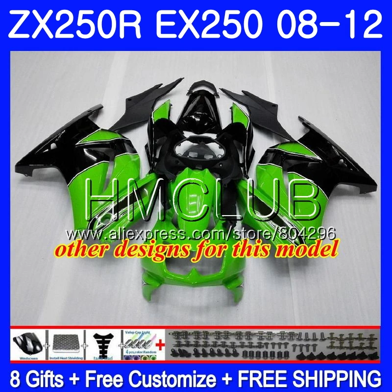 Средства ухода за кожей для KAWASAKI NINJA EX250 ZX250R 2008 2009 2010 2011 2012 9JK. 0 ZX 250R ZX-250R EX 250 08 09, 10, 11, 12, Обтекатели цвета: зеленый, черный