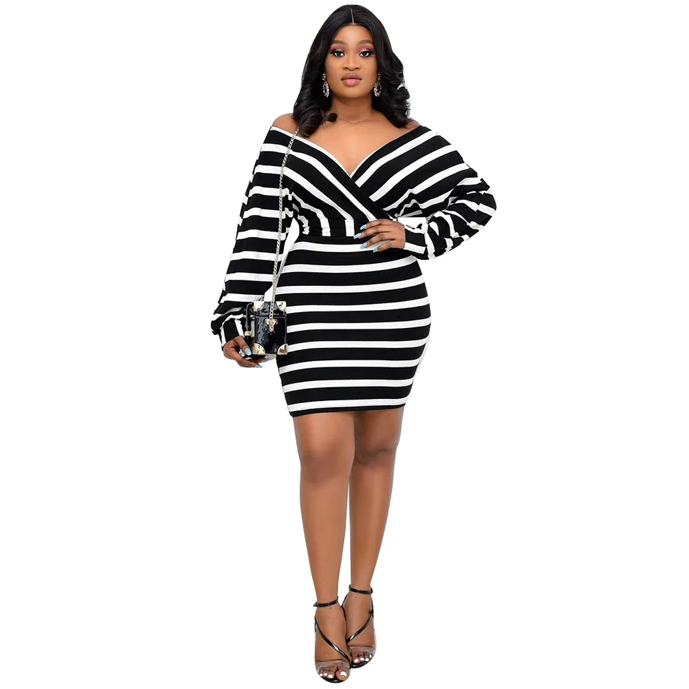 Sexy V-Neck Long-Sleeved Dress Fashion Simple Striped Tight-Fitting Hip Pencil Skirt Autumn Mini Skirt African Women