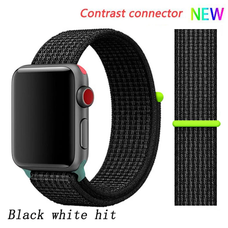 Нейлоновый ремешок для apple watch группа 4/5 44 мм/40 мм, correa apple watch 3 42 мм/38 мм iwatch серии 5/4/3/2 разноцветный коннектор ремешок для часов - Цвет ремешка: Black white 5 hit