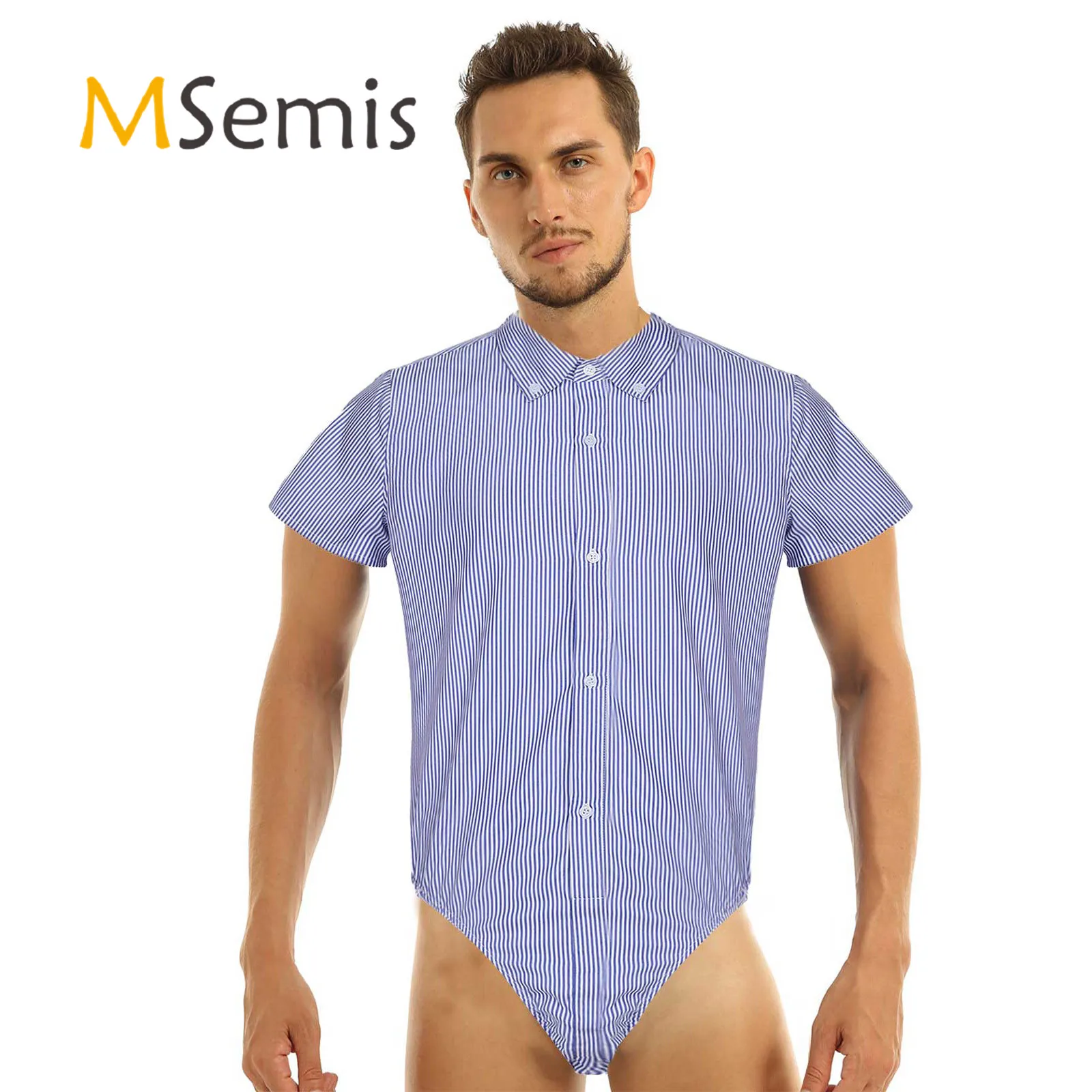 

Mens Casual Striped Shirt Short Sleeve Front Pocket Bodysuit Summer Office Fashion Jumpsuit Overall One-piece Shirt Tops