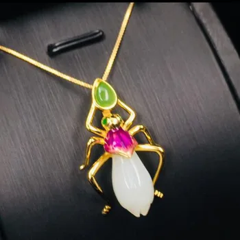 

925 Sterling Silver White HeTian Jade Magnolia Flower Design Lucky Pendant + Chain Necklace For Women Jewelry Gift