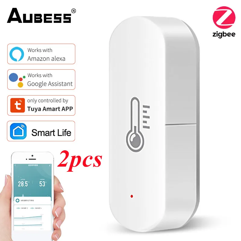 2Pcs Aubess Tuya ZigBee Smart Temperature Humidity Sensor Battery