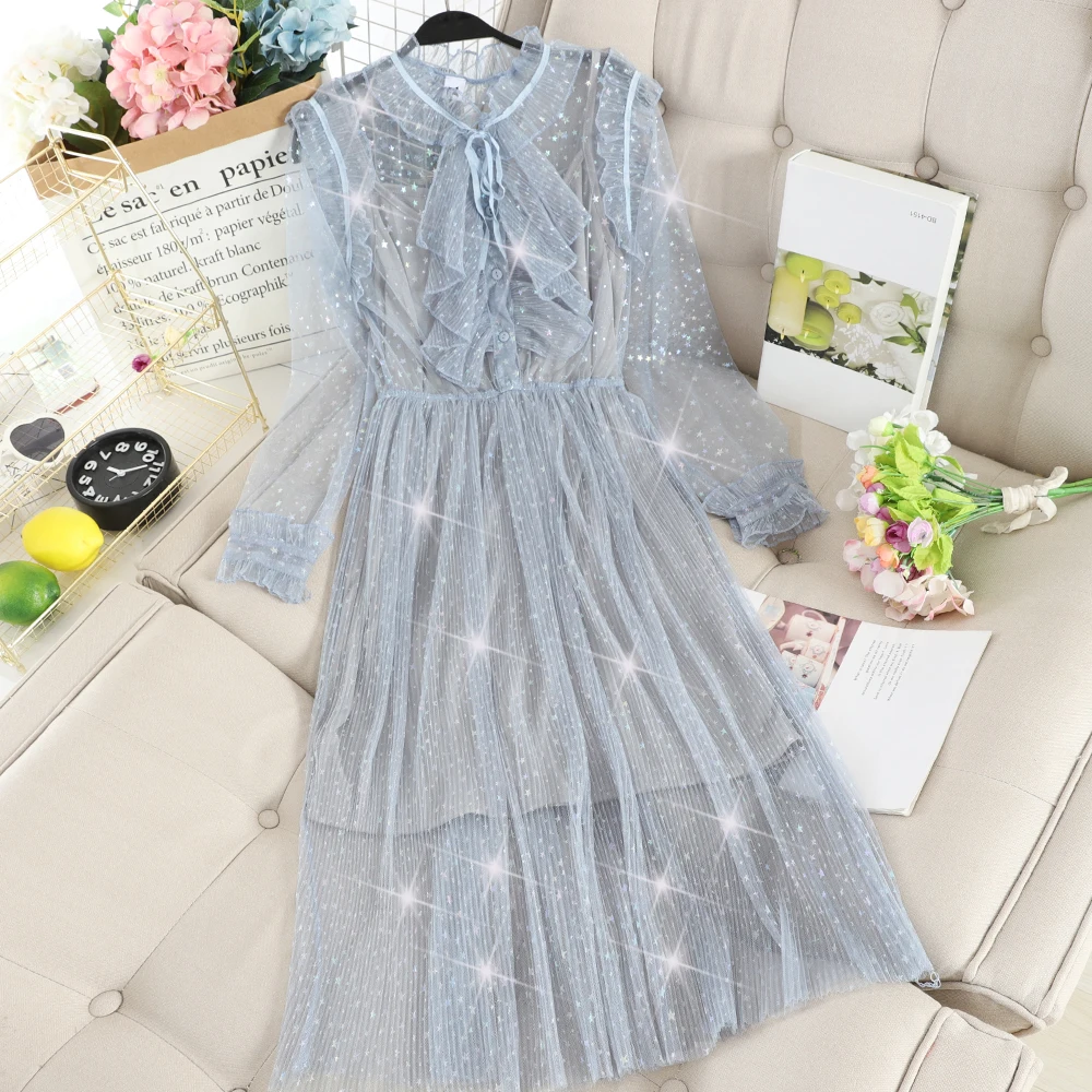 Women Dress Новое Женское плиссированное платье с расклешенными рукавами, на пуговицах, с оборками, эластичное тонкое плиссированное платье со звездами, с блестками, кружевной пуловер, Сетчатое газовое платье миди - Цвет: Women Dress