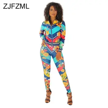 

Floral Print Sexy 2 Piece Matching Sets Women Stand Collars Long Sleeve Zipper Up Crop Jacket and Pencil Pants Winter Outfits