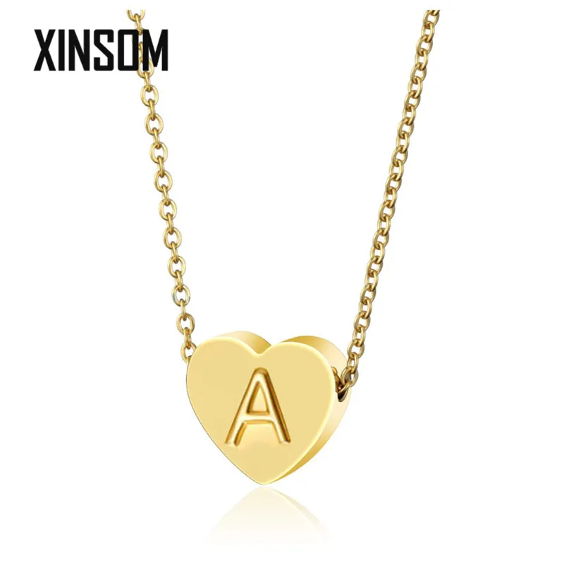 XINSOM Fashion Tiny Heart Initial Necklace Gold Color Stainless Steel Letter Name Necklace For Women Pendant Jewelry 20XS820
