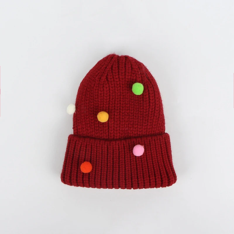 Pompom Baby Hat Knitted Girls Winter Hat Crochet Kids Beanie Cap Baby Bonnet - Цвет: wine