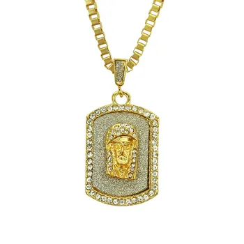 

Mens Gold Plated Fashion Jesus Dog Tag Chain Pendant Necklace Hip Hop Full Rhinestone Jewelry Gift