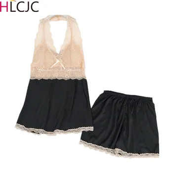 

Sleep Lounge Pajama Set Sexy Silk Satin Sleepwear Women Summer Pyjama Femme Fashion Lace Flower Pajamas for Women with Chest Pad