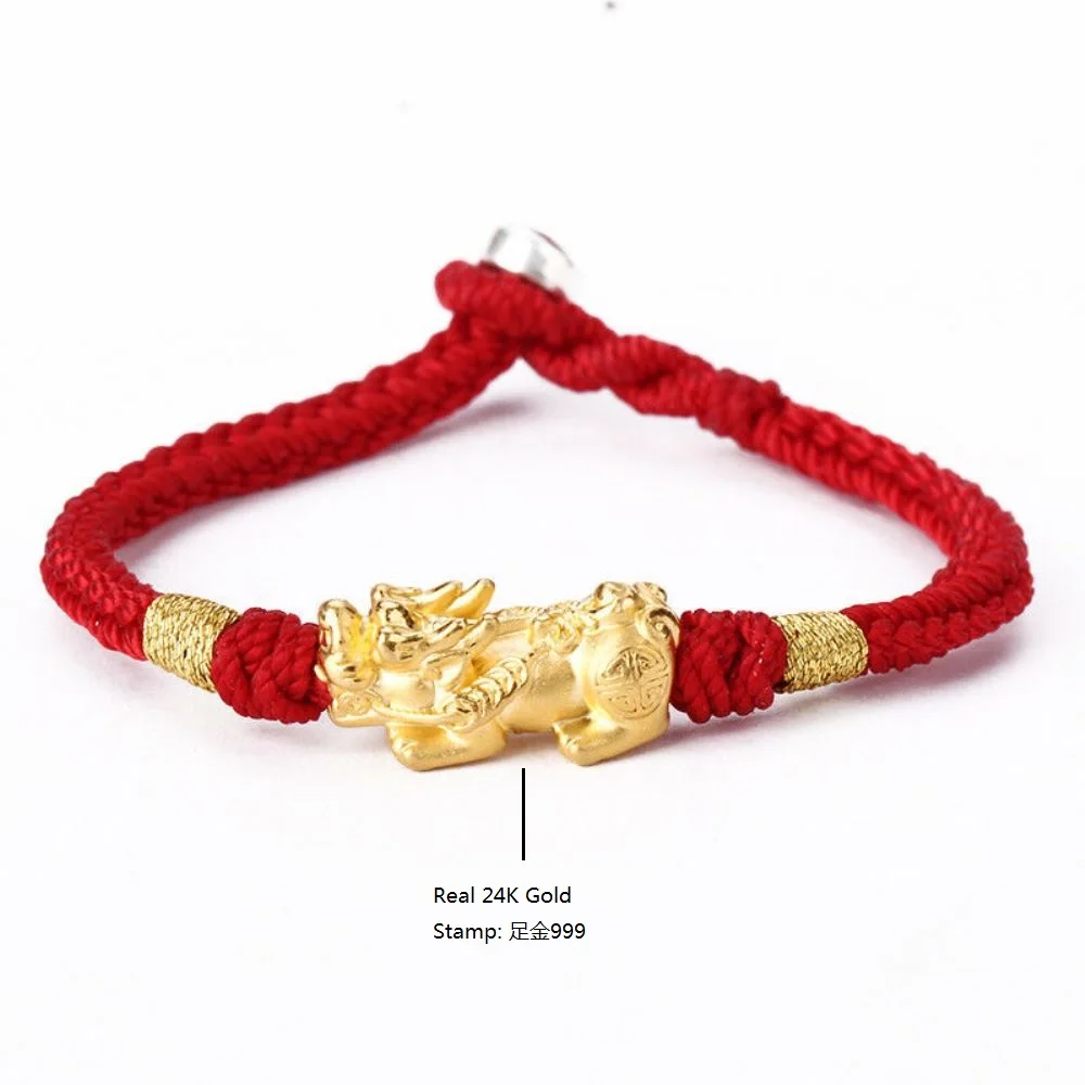 

Genuine 24K Yellow Gold Bless-Wealth Pixiu with Red Cord Bracelet Length from 5" to 15"