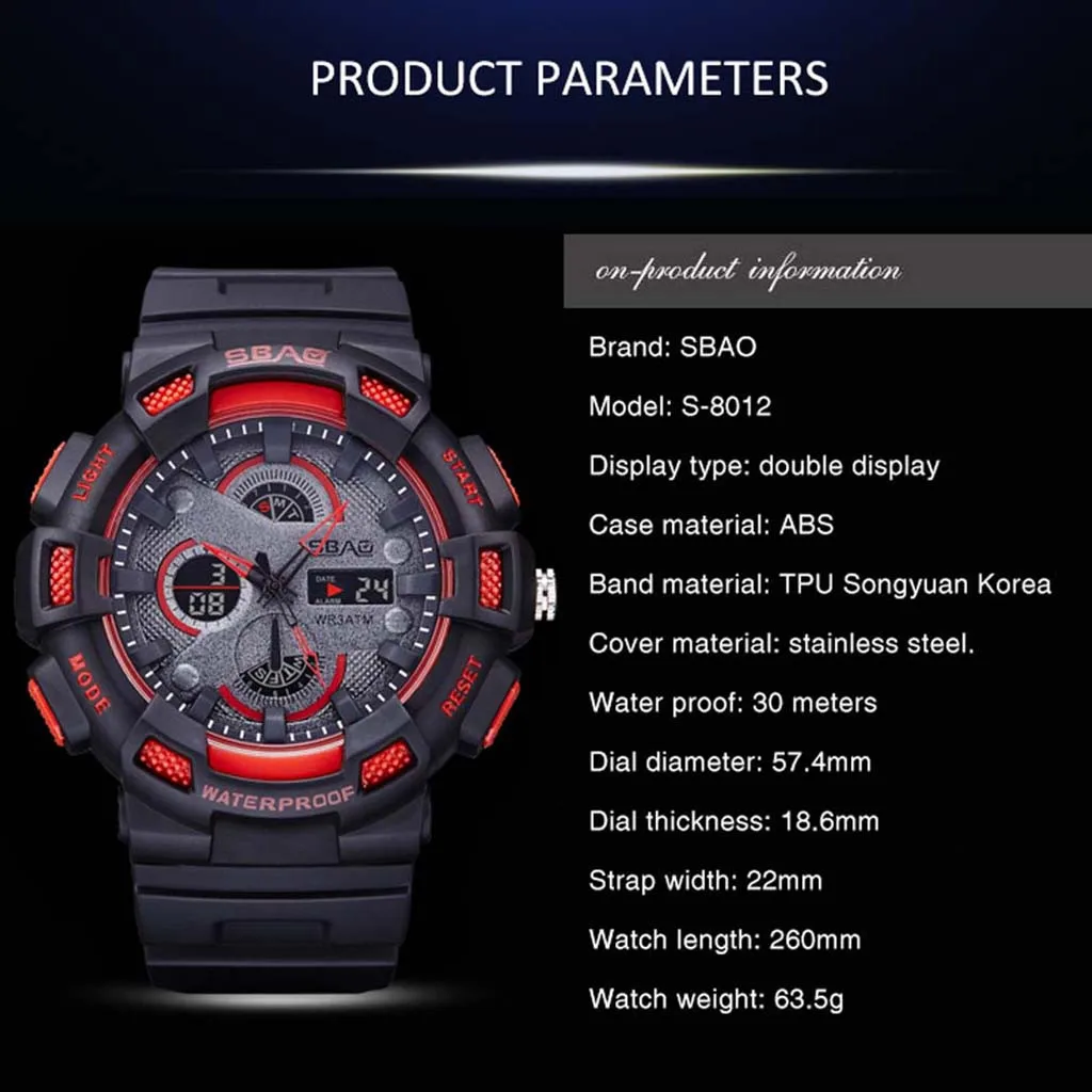 Спортивные часы SBAO мужские модные светящиеся часы с будильником электронные часы водонепроницаемые часы для мужчин спортивные часы цифровые часы