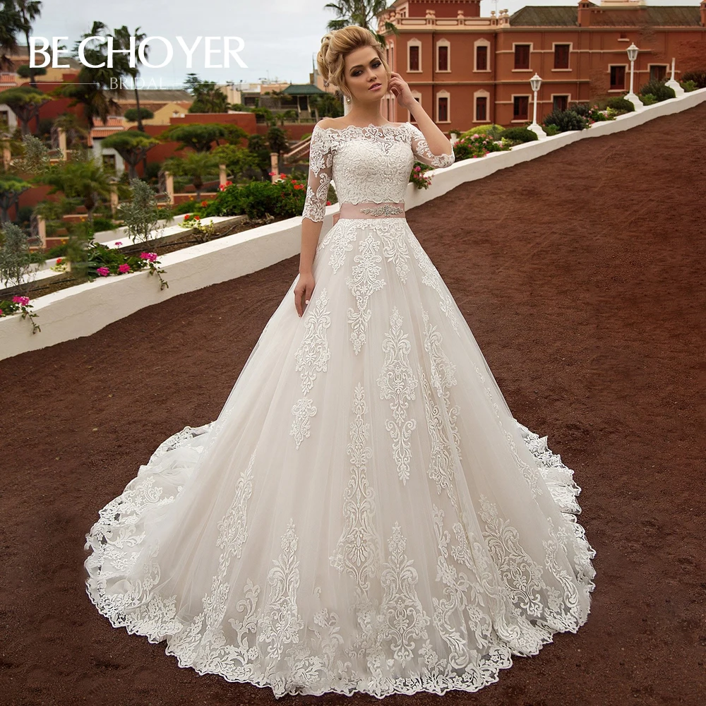 

Fashion Detachable 2 In 1 Wedding Dress BECHOYER N239 Appliques Lace A-Line Princess Crystal Belt Bride Gown Vestido de Noiva