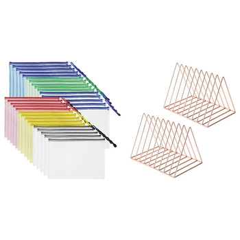 

2 Pcs Desktop File Sorter Organizer Files Folder Stand File Organizer & 30 Pcs Zipper Pouch Document Bag