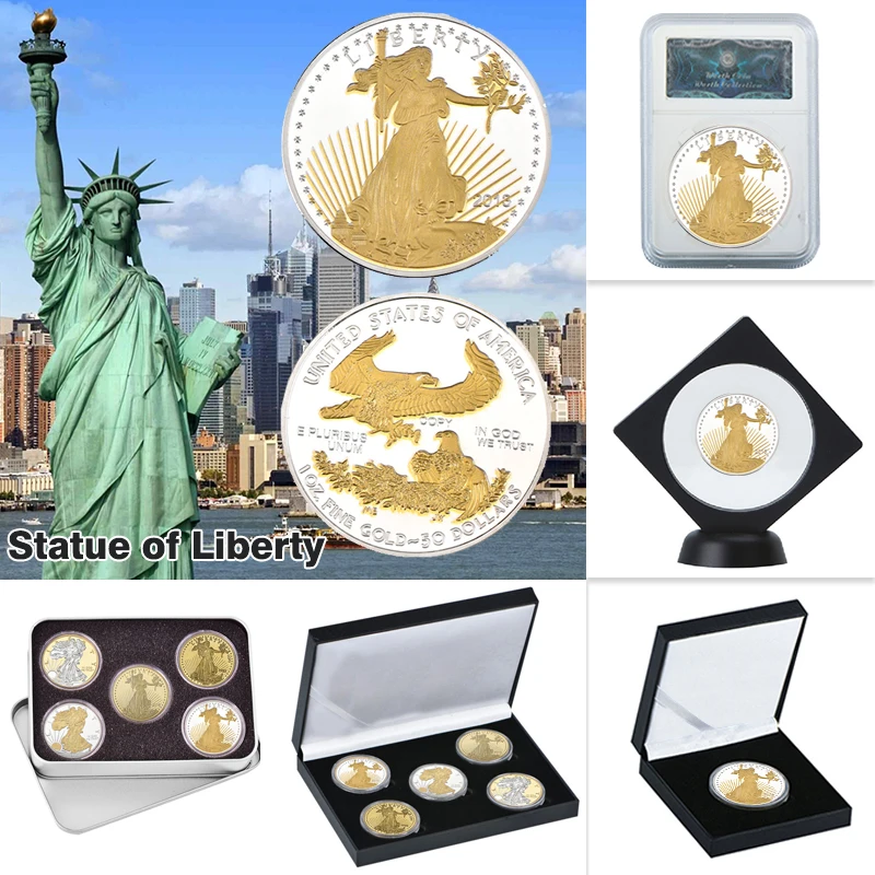 

WR USA Statue of Liberty Gold Plated Collectibles Coins Set with Coin Holder Silver Original Coin Personalized Gift Dropshipping