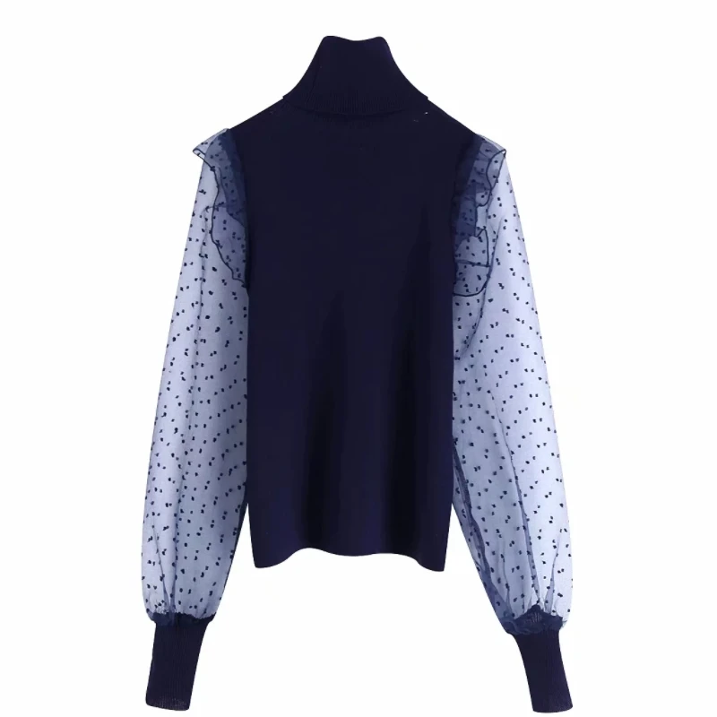  new women vintage turtleneck collar puff sleeve patchwork casual slim knitting Shirts blouses women