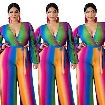 

SUNGIFT Women Plus Size Colorful Stripes Print Jumpsuits V Neck Long Sleeve Wide Leg Jumpsuit Rompers With Belt