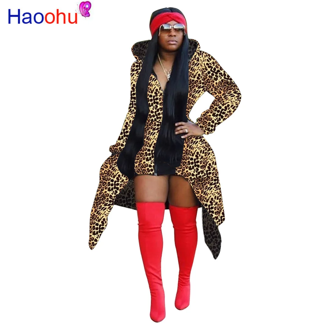 Winter Maxi Coat Hooded Zipper Full Sleeve Women Long Leopard Print Asymmetric Trench Night Club 4 Color | Женская одежда