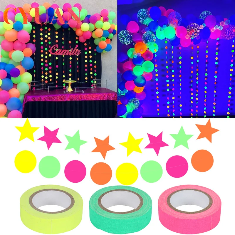 

CYUAN 1pcs Neon Tape Paper Garland Dot Star Ornaments Hanging Decor Glow In The Dark Luminous Tape Christmas Birthday Party