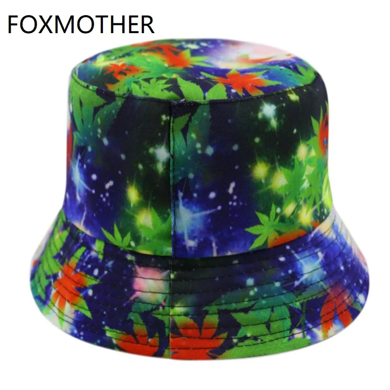 

FOXMOTHER New Design Autumn Green Star Galaxy Leaves Weed Bucket Hats Reversible Fishing Caps Mens Gorras Hip Hop 2019