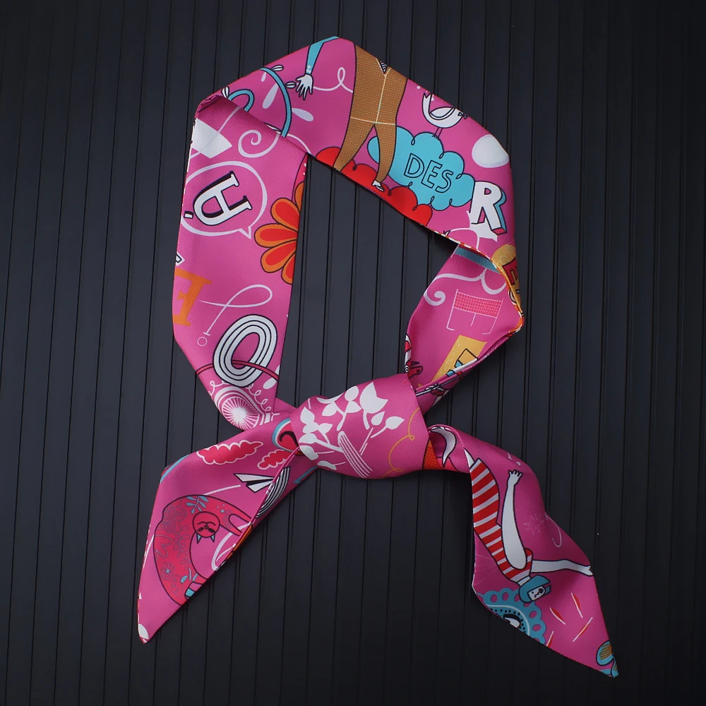 95cm*5cm Pink Silk Scarf For Women Letter chain Printed Handle Bag Ribbons  Brand Fashion Head Scarf Small Long Skinny Scarves