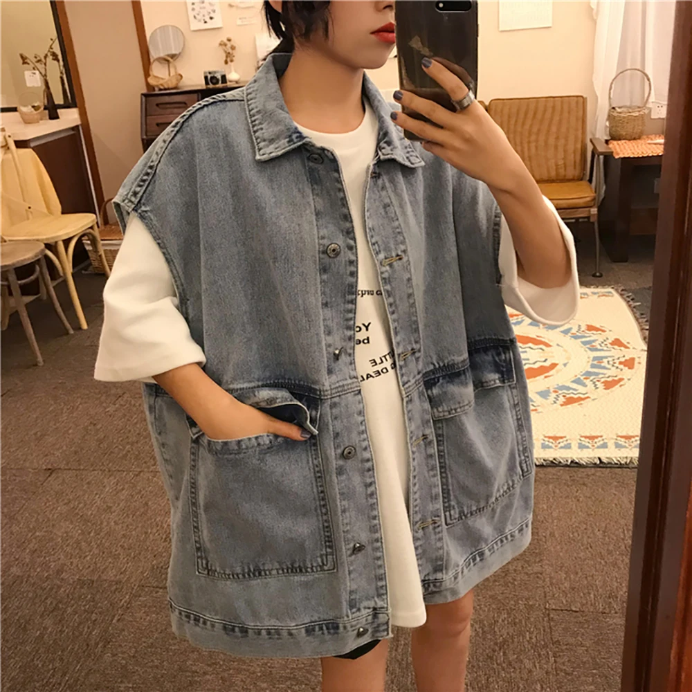 Women Jean Vest Coats 2022 New Summer Fashion Ladies Denim Waistcoat Casual Oversized Loose Sleeveless Denim Jackets Outerwear