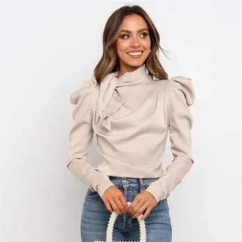 

2019 Fashion Women Satin Blouses Bow Neck Long Sleeve Elegant Blouse Office Lady Shirts Female Blusas S-XL
