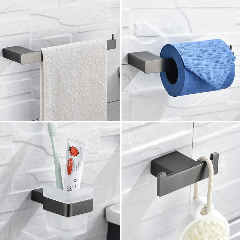 Perforierter Edelstahl-Badezimmer-Handtuchhalter, Papierhalter, Zahnbürste, Badezimmerzubehör, Mattgrau