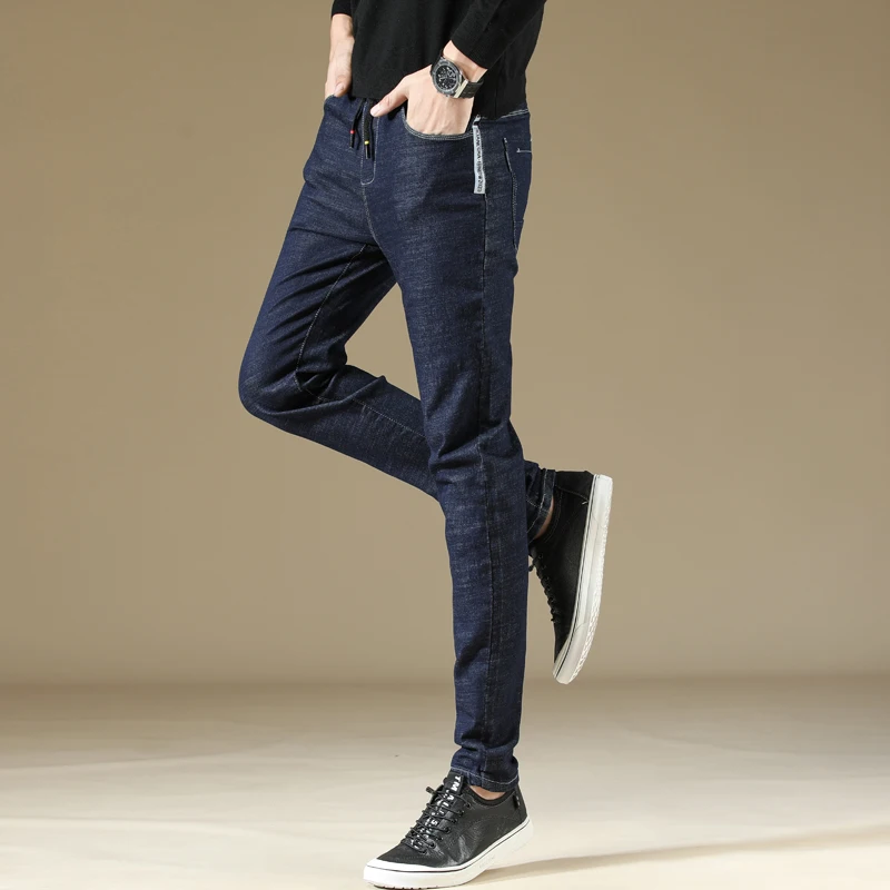 Tide Men Business Casual Slim Fit Elastic Jeans Fashion Printed Male Elastic Waist Drawstring Cotton Skinny Denim Trousers