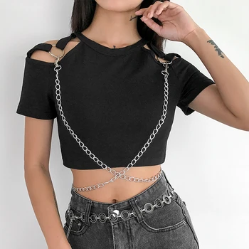 

Summer Women Short Sleeve T Shirt Cool Girls Chain Cross Slim Hollow Crop Tops T-Shirt Black Tee Tops